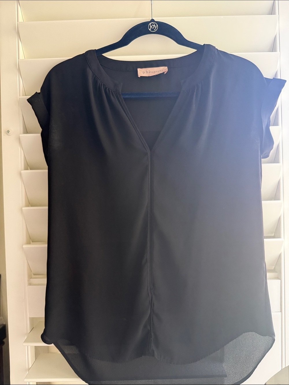 Philosophy Black Cap-Sleeve V-Neck Blouse with Sheer Hem